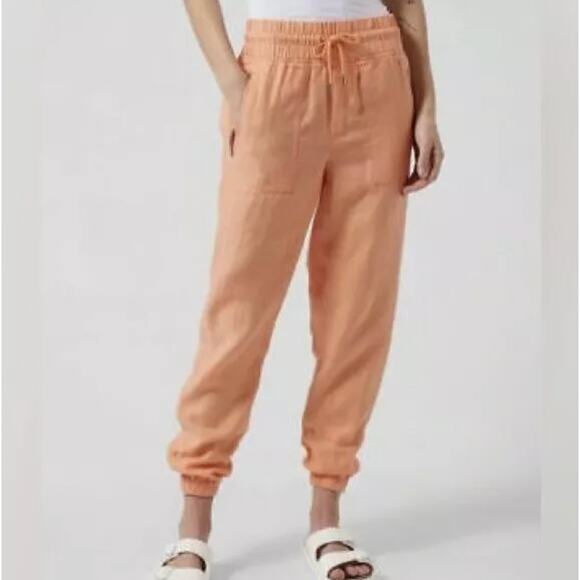 Athleta Cabo Linen Jogger Pants Orange Peach 100% Linen Size 0 Elastic Waist - Picture 1 of 9